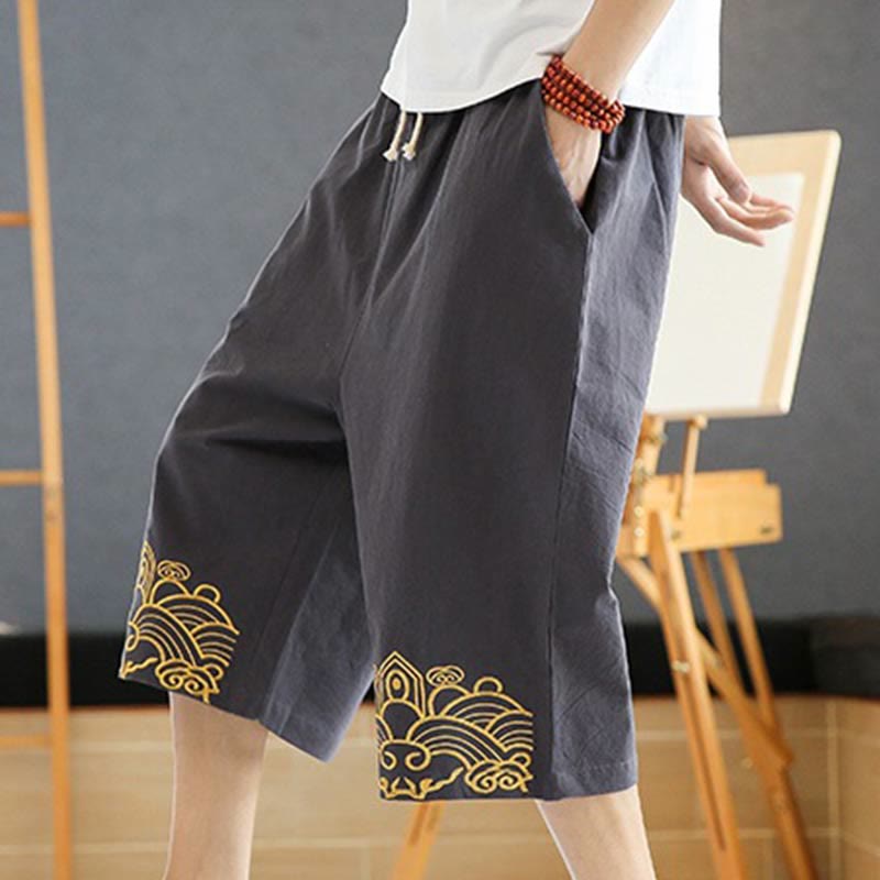 Buddha Stones Spring Casual Embroidery Drawstring Men's 7-8 Length Cotton Linen Harem Pants With Pockets - image 15