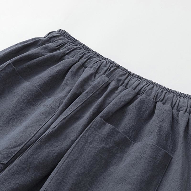 Buddha Stones Summer 2Pcs Plain Short Sleeve T-Shirt 7-8 Length Pants Cotton Linen Tang Suit Men's Meditation Cloth Set With Pockets - image 7