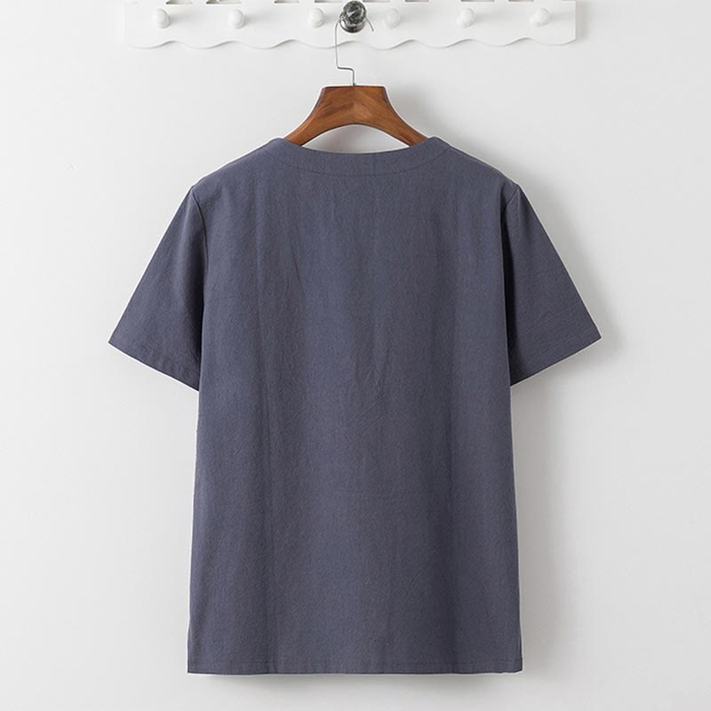 Buddha Stones Summer 2Pcs Plain Short Sleeve T-Shirt 7-8 Length Pants Cotton Linen Tang Suit Men's Meditation Cloth Set With Pockets - image 2