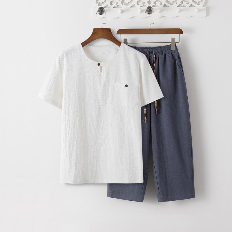 Buddha Stones Summer 2Pcs Plain Short Sleeve T-Shirt 7-8 Length Pants Cotton Linen Tang Suit Men's Meditation Cloth Set With Pockets - White T-Shirt & SlateGray Pants - US/UK/AU46，EU56 (5XL) - image 0