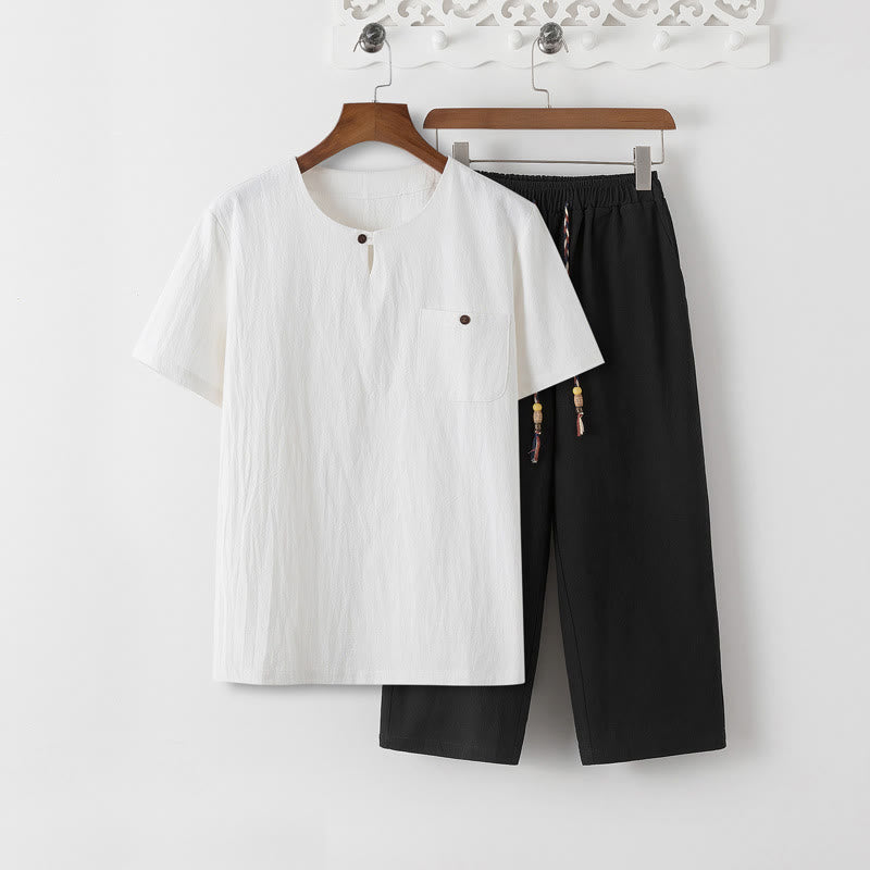 Buddha Stones Summer 2Pcs Plain Short Sleeve T-Shirt 7-8 Length Pants Cotton Linen Tang Suit Men's Meditation Cloth Set With Pockets - White T-Shirt & Black Pants - US/UK/AU46，EU56 (5XL) - image 15