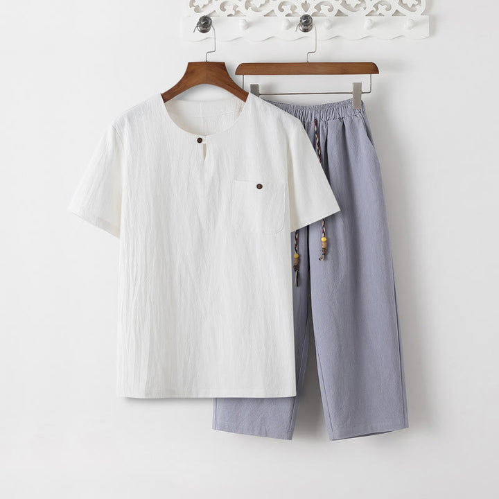 Buddha Stones Summer 2Pcs Plain Short Sleeve T-Shirt 7-8 Length Pants Cotton Linen Tang Suit Men's Meditation Cloth Set With Pockets - White T-Shirt & LightSteelBlue Pants - US/UK/AU46，EU56 (5XL) - image 16