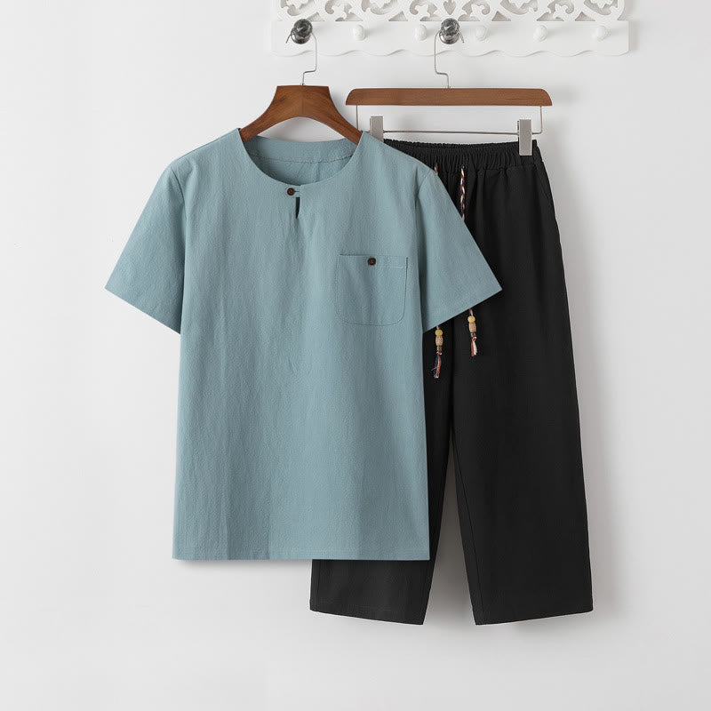 Buddha Stones Summer 2Pcs Plain Short Sleeve T-Shirt 7-8 Length Pants Cotton Linen Tang Suit Men's Meditation Cloth Set With Pockets - PaleTurquoise T-Shirt & Black Pants - US/UK/AU46，EU56 (5XL) - image 17
