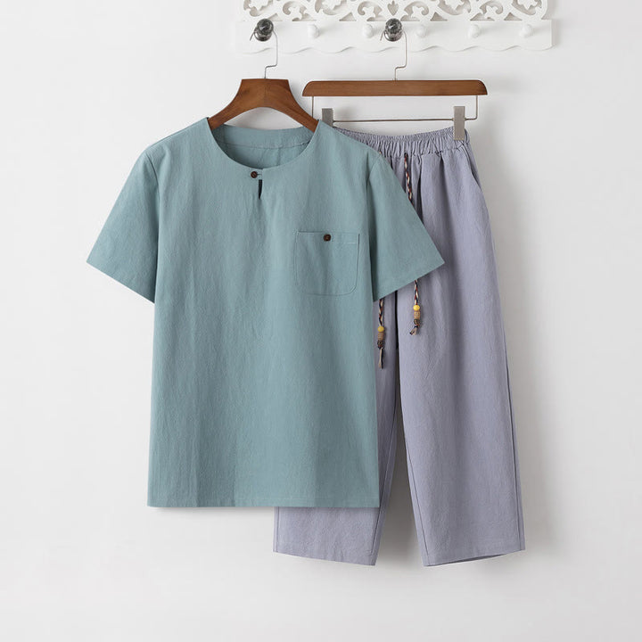 Buddha Stones Summer 2Pcs Plain Short Sleeve T-Shirt 7-8 Length Pants Cotton Linen Tang Suit Men's Meditation Cloth Set With Pockets - PaleTurquoise T-Shirt & LightSteelBlue Pants - US/UK/AU46，EU56 (5XL) - image 18