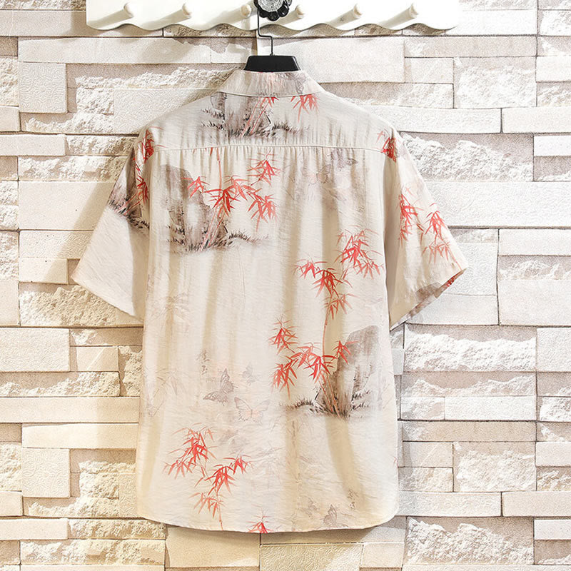 Buddha Stones Summer Bamboo Butterfly Pattern Short Sleeve Frog-button Design Men's Shirt Jacket - image 1