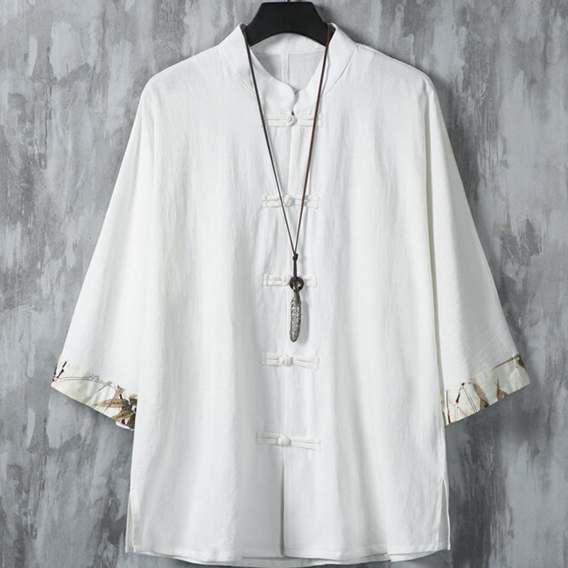 Buddha Stones Summer Frog-button Patchwork Half Sleeve Design Cotton Linen Men's Shirt Jacket - White - US/UK/AU46，EU56 (5XL) - image 2