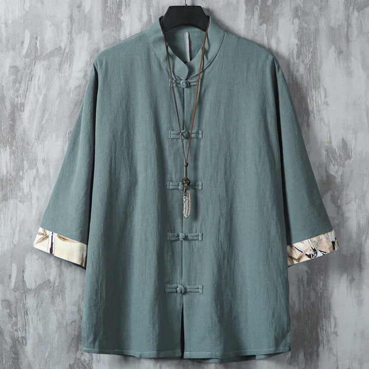 Buddha Stones Summer Frog-button Patchwork Half Sleeve Design Cotton Linen Men's Shirt Jacket - CadetBlue - US/UK/AU46，EU56 (5XL) - image 0
