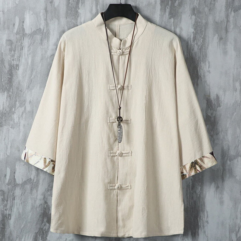 Buddha Stones Summer Frog-button Patchwork Half Sleeve Design Cotton Linen Men's Shirt Jacket - Beige - US/UK/AU46，EU56 (5XL) - image 12