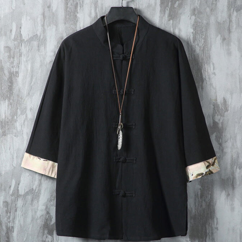 Buddha Stones Summer Frog-button Patchwork Half Sleeve Design Cotton Linen Men's Shirt Jacket - Black - US/UK/AU46，EU56 (5XL) - image 1