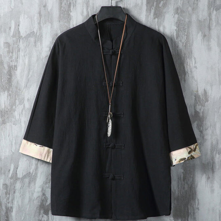 Buddha Stones Summer Frog-button Patchwork Half Sleeve Design Cotton Linen Men's Shirt Jacket - Black - US/UK/AU46，EU56 (5XL) - image 1