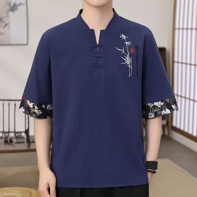 Buddha Stones Summer Embroidery Bamboo Pattern Patchwork Design Men's Half Sleeve Cotton Linen T-Shirt - DarkSlateBlue - US/UK/AU46，EU56 (5XL) - image 4