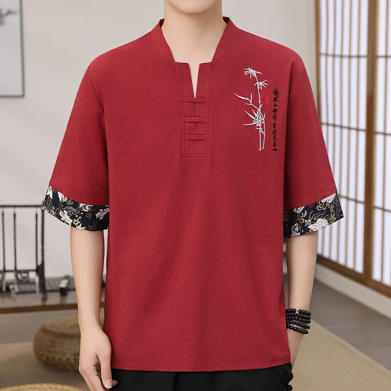 Buddha Stones Summer Embroidery Bamboo Pattern Patchwork Design Men's Half Sleeve Cotton Linen T-Shirt - Crimson - US/UK/AU46，EU56 (5XL) - image 5