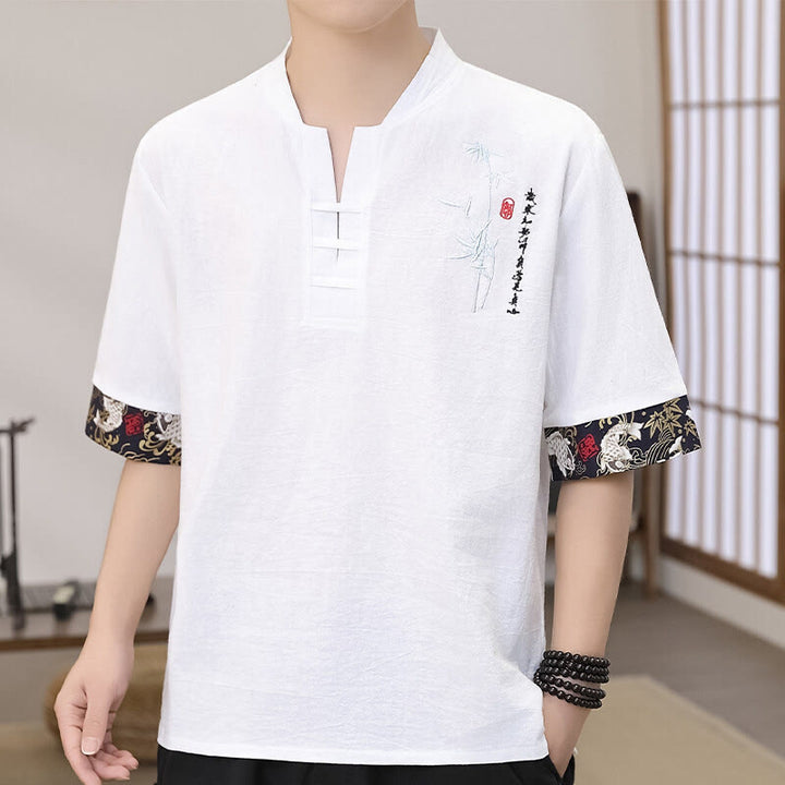 Buddha Stones Summer Embroidery Bamboo Pattern Patchwork Design Men's Half Sleeve Cotton Linen T-Shirt - White - US/UK/AU46，EU56 (5XL) - image 0