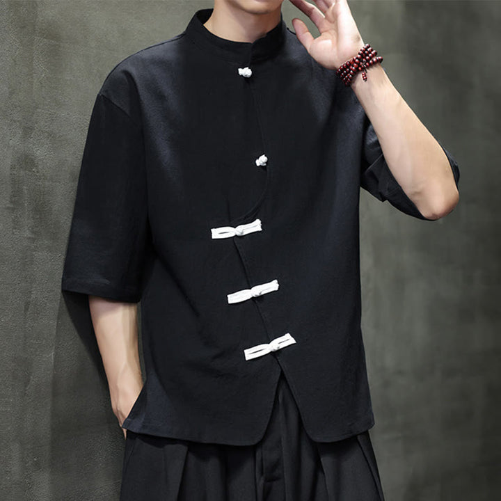 Buddha Stones Plain Chinese Frog-Button Stand Collar Cotton Linen Men's Half Sleeve Shirt - image 4