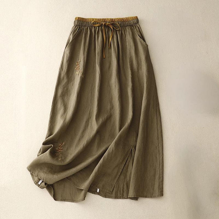 Buddha Stones Vintage Solid Embroidery Drawstring Women's Skirt With Pockets - Olive - US8-10，UK/AU12-14，EU40-42 (2XL) - image 0