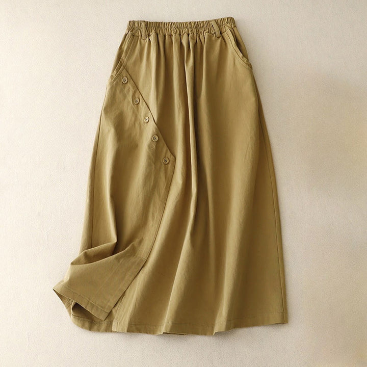 Buddha Stones Casual Plain Asymmetrical Button Design Cotton Women's Skirt With Pockets - Khaki - US8-10，UK/AU12-14，EU40-42 (2XL) - image 0