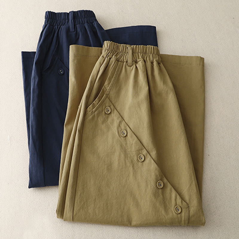 Buddha Stones Casual Plain Asymmetrical Button Design Cotton Women's Skirt With Pockets - image 8