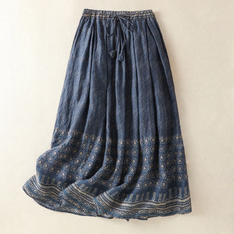 Buddha Stones Vintage Ethnic Floral Pattern Lined Drawstring Women's Skirt With Pockets - MidnightBlue - US12，UK/AU16，EU44 (2XL) - image 0