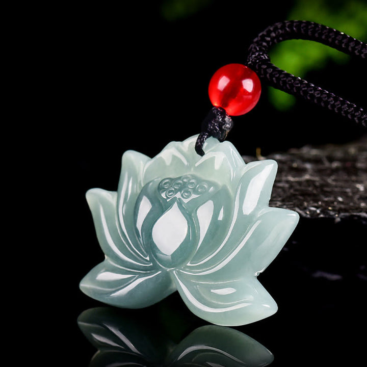 Buddha Stones Lotus Flower Pattern Carved Jade Prosperity Necklace Pendant - image 1