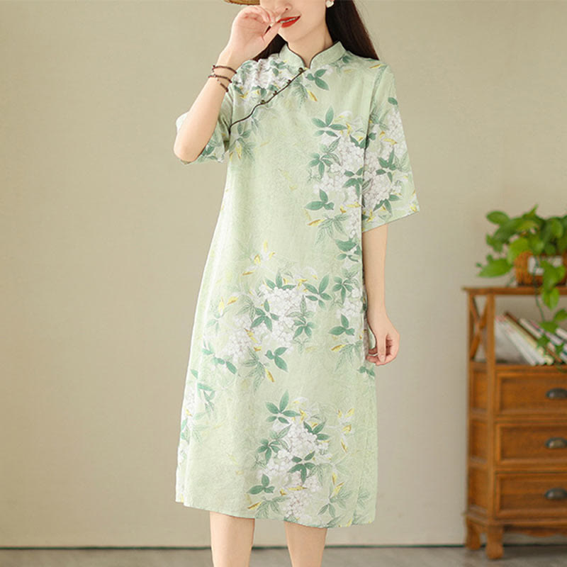 Buddha Stones Floral Jacquard Cotton Linen Chinese Cheongsam Qipao Half Sleeve Midi Dress With Pockets - PaleGreen - US8-10，UK/AU12-14，EU40-42 (2XL) - image 0