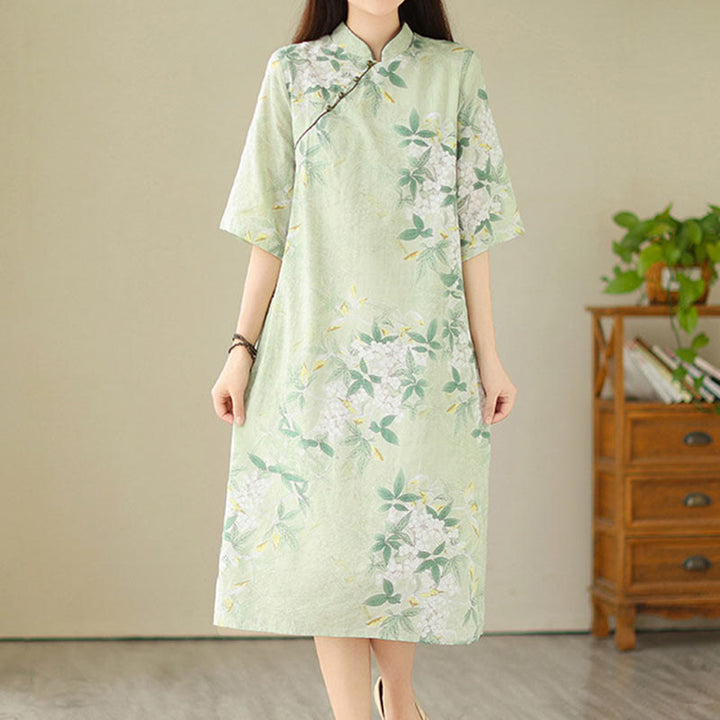 Buddha Stones Floral Jacquard Cotton Linen Chinese Cheongsam Qipao Half Sleeve Midi Dress With Pockets - image 2