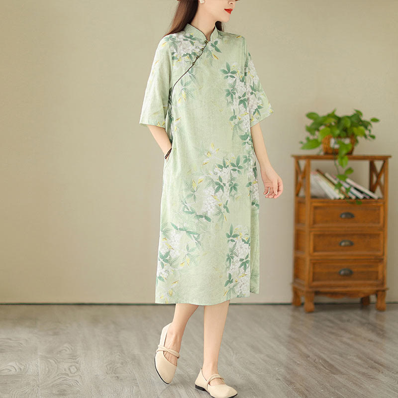 Buddha Stones Floral Jacquard Cotton Linen Chinese Cheongsam Qipao Half Sleeve Midi Dress With Pockets - image 5
