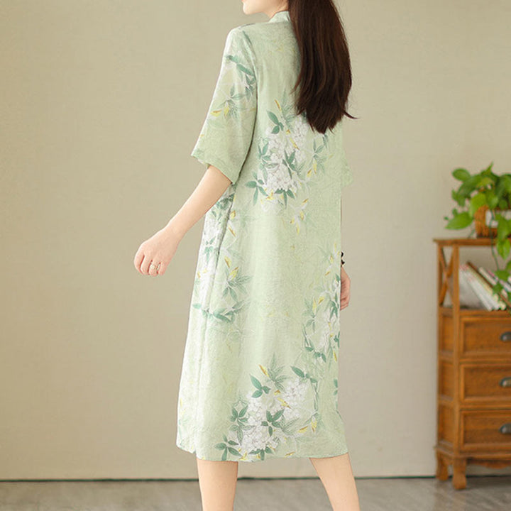 Buddha Stones Floral Jacquard Cotton Linen Chinese Cheongsam Qipao Half Sleeve Midi Dress With Pockets - image 1