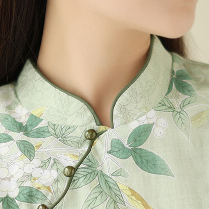 Buddha Stones Floral Jacquard Cotton Linen Chinese Cheongsam Qipao Half Sleeve Midi Dress With Pockets - image 6