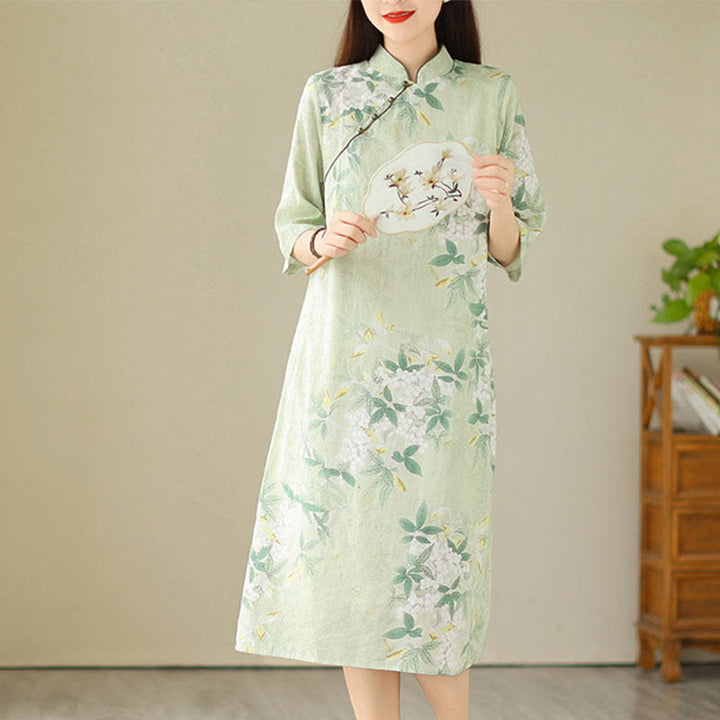Buddha Stones Floral Jacquard Cotton Linen Chinese Cheongsam Qipao Half Sleeve Midi Dress With Pockets - image 3