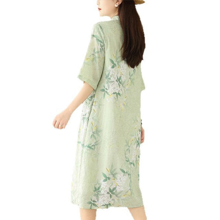 Buddha Stones Floral Jacquard Cotton Linen Chinese Cheongsam Qipao Half Sleeve Midi Dress With Pockets - image 10