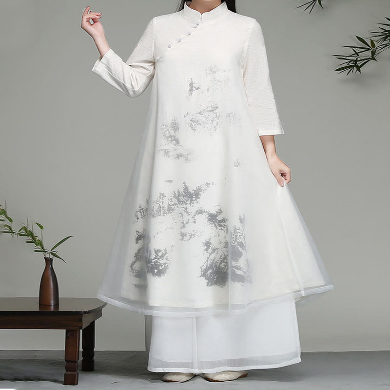 Buddha Stones  Chinese Frog-Button Design Long Sleeve Chiffon Midi Dress - image 4