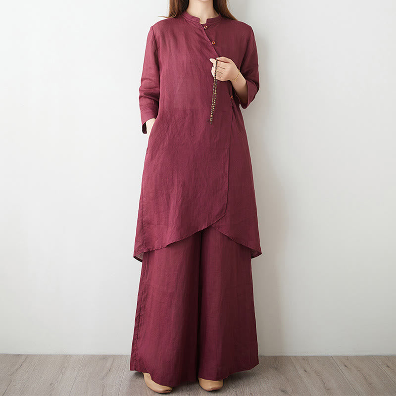 Buddha Stones 2Pcs Three Quarter Sleeve Shirt Top Pants Meditation Zen Tai Chi Cotton Linen Clothing Women's Set - IndianRed - US8-10，UK/AU12-14，EU40-42 (2XL) - image 0