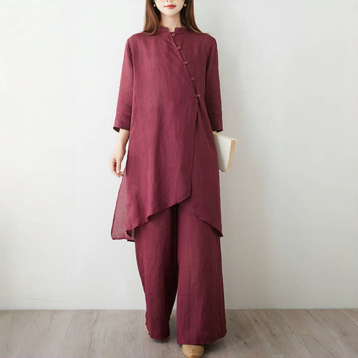 Buddha Stones 2Pcs Three Quarter Sleeve Shirt Top Pants Meditation Zen Tai Chi Cotton Linen Clothing Women's Set - image 3