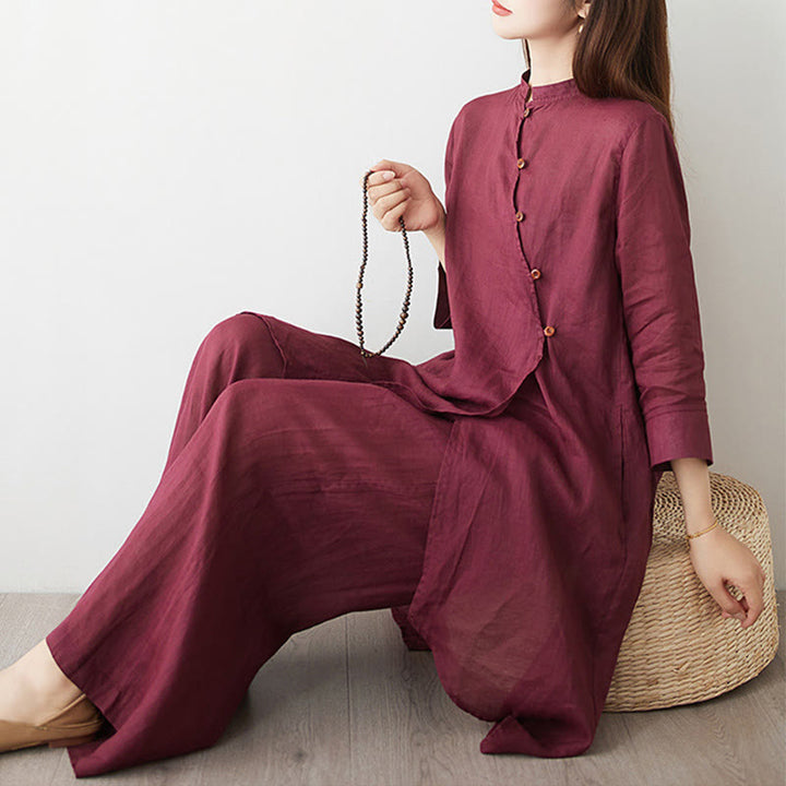 Buddha Stones 2Pcs Three Quarter Sleeve Shirt Top Pants Meditation Zen Tai Chi Cotton Linen Clothing Women's Set - image 5