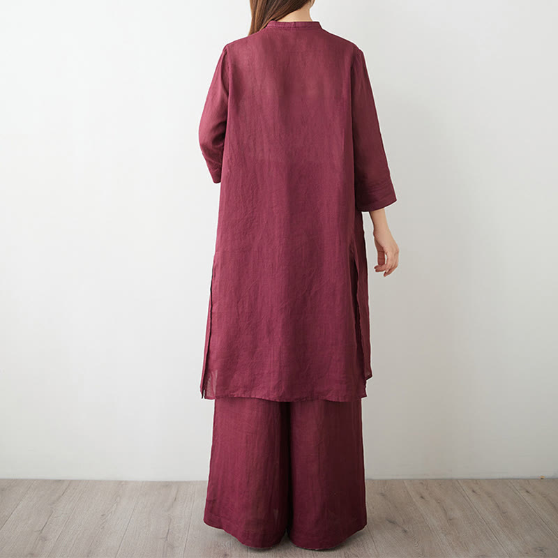 Buddha Stones 2Pcs Three Quarter Sleeve Shirt Top Pants Meditation Zen Tai Chi Cotton Linen Clothing Women's Set - image 2