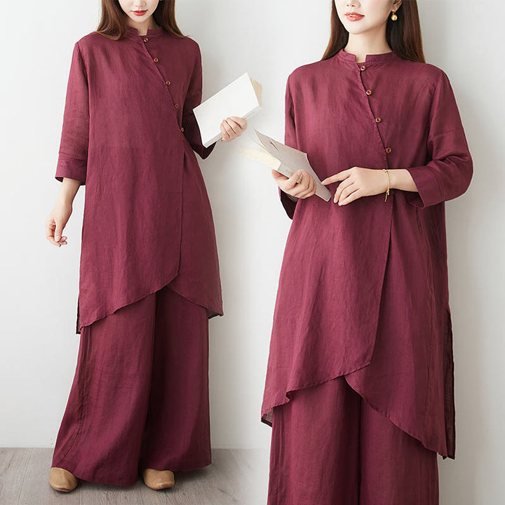 Buddha Stones 2Pcs Three Quarter Sleeve Shirt Top Pants Meditation Zen Tai Chi Cotton Linen Clothing Women's Set - image 9