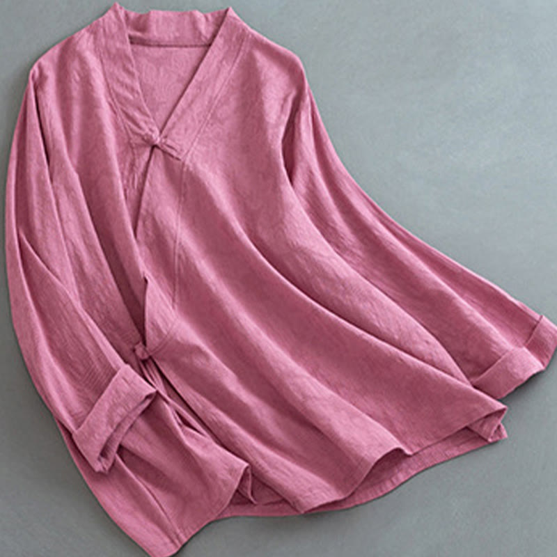 Buddha Stones Casual Solid Color Frog Button Long Sleeve Zen Cotton Linen Women's Shirt - image 10