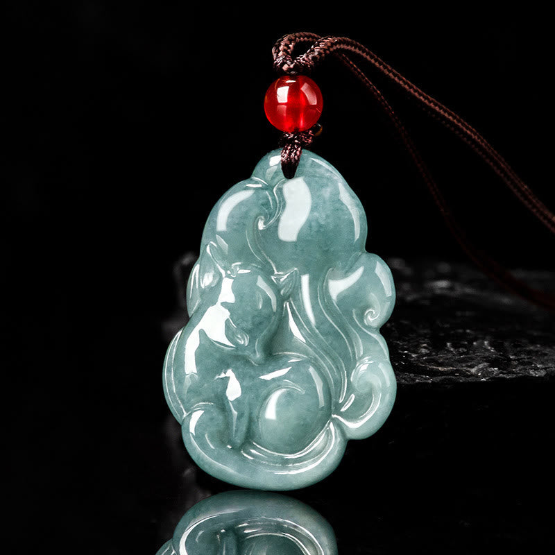 Buddha Stones Natural Green Jade Nine Tailed Fox Fairy Prosperity Necklace Pendant - image 1