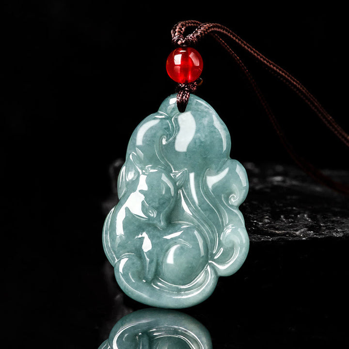 Buddha Stones Natural Green Jade Nine Tailed Fox Fairy Prosperity Necklace Pendant - image 1