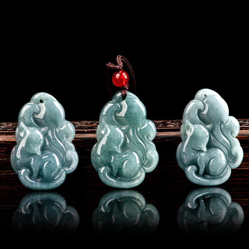 Buddha Stones Natural Green Jade Nine Tailed Fox Fairy Prosperity Necklace Pendant - image 4