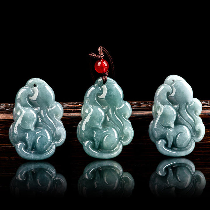 Buddha Stones Natural Green Jade Nine Tailed Fox Fairy Prosperity Necklace Pendant - image 4