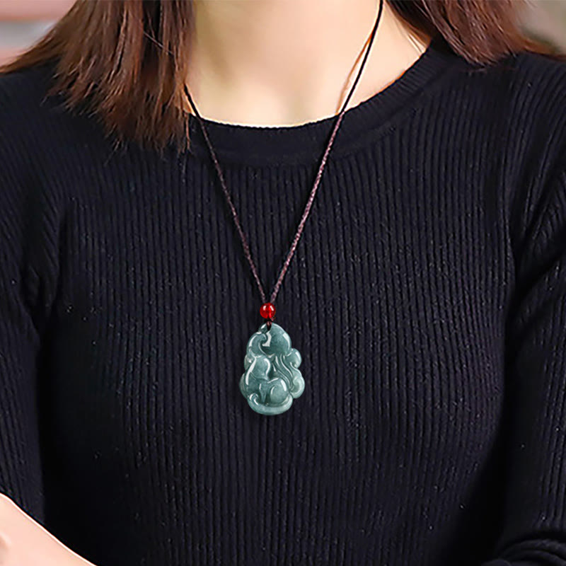 Buddha Stones Natural Green Jade Nine Tailed Fox Fairy Prosperity Necklace Pendant - image 9