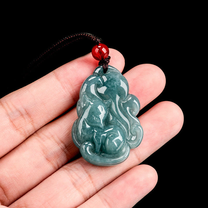 Buddha Stones Natural Green Jade Nine Tailed Fox Fairy Prosperity Necklace Pendant - image 8