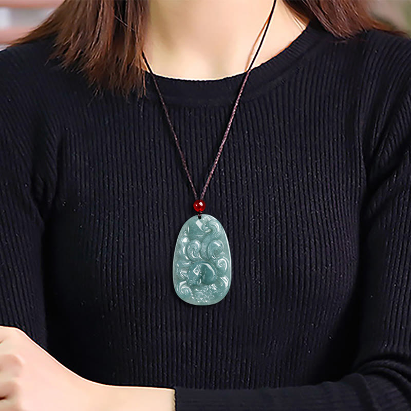 Buddha Stones Natural Green Jade Nine Tailed Fox Flowers Luck Necklace Pendant - image 9