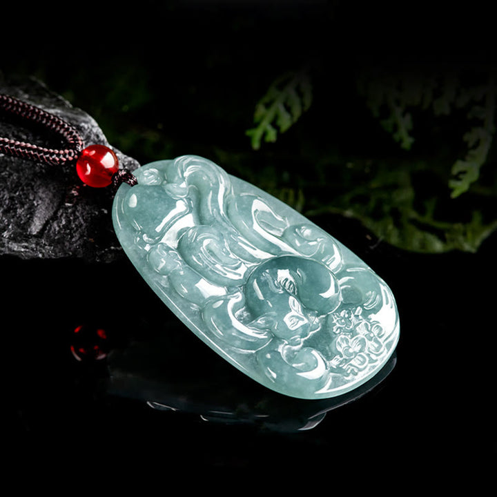 Buddha Stones Natural Green Jade Nine Tailed Fox Flowers Luck Necklace Pendant - image 2