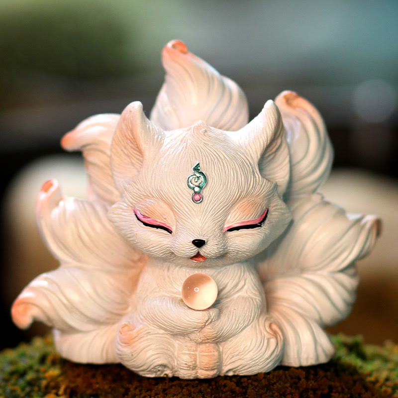 Buddha Stones Mini Nine Tailed Fox Luck Resin Home Desk Decoration - Ivory Fruit Fox 7.5*5.5*7.5cm - image 0
