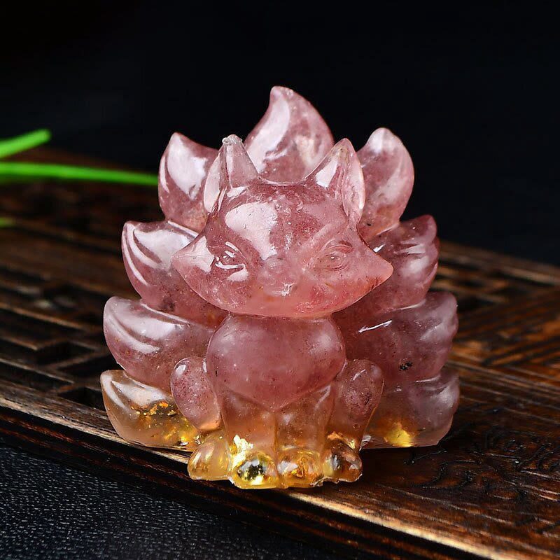 Buddha Stones Natural Various Crystal Strawberry Quartz Amethyst Nine Tailed Fox Protection Home Decoration - Strawberry Quartz 5.5*4.5*5.5cm - image 0