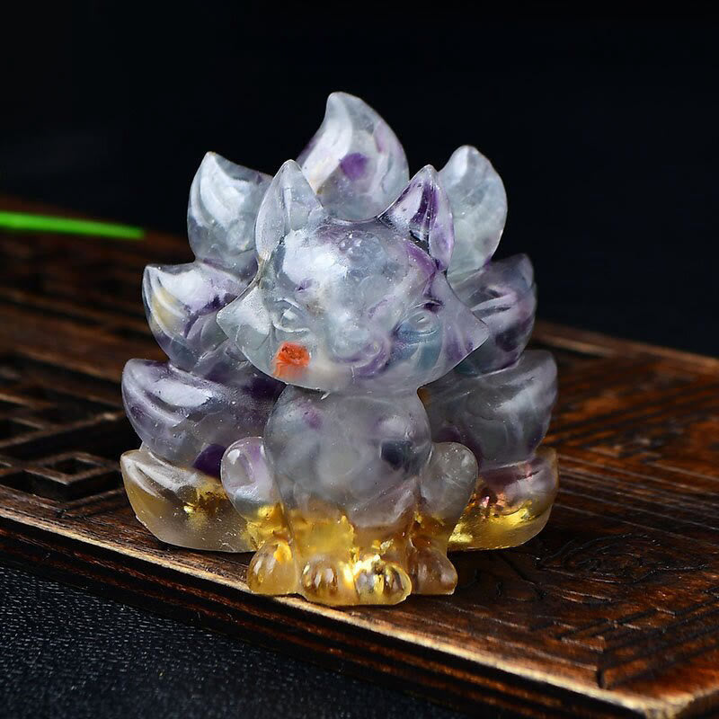 Buddha Stones Natural Various Crystal Strawberry Quartz Amethyst Nine Tailed Fox Protection Home Decoration - Fluorite 5.5*4.5*5.5cm - image 18