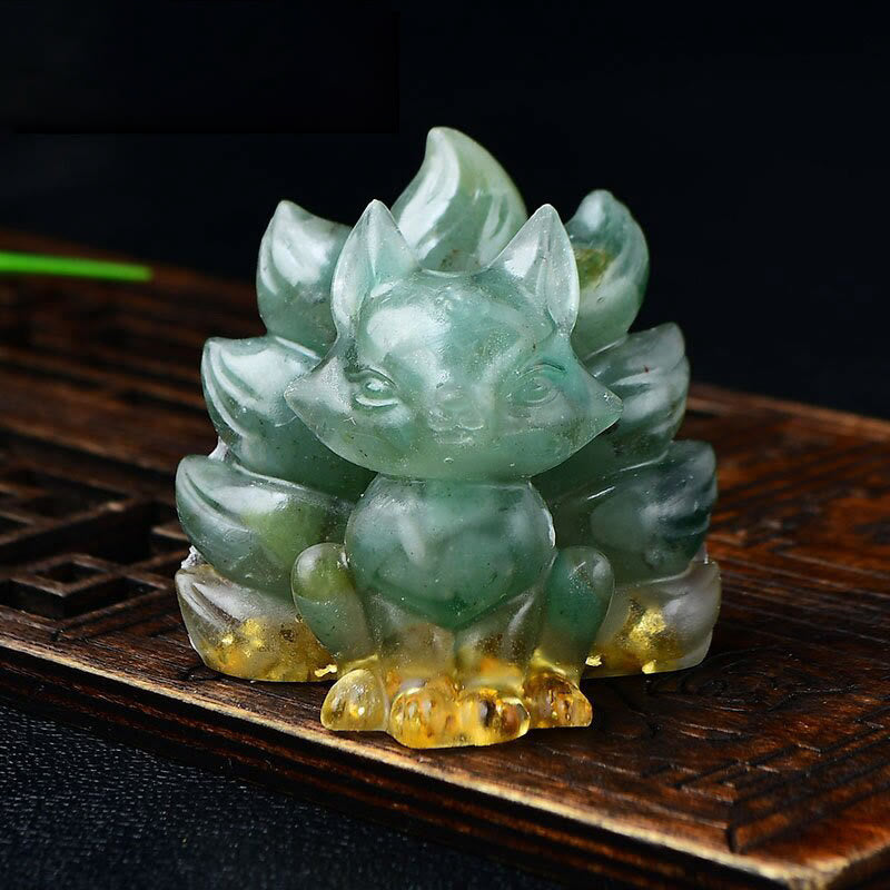 Buddha Stones Natural Various Crystal Strawberry Quartz Amethyst Nine Tailed Fox Protection Home Decoration - Green Aventurine 5.5*4.5*5.5cm - image 23
