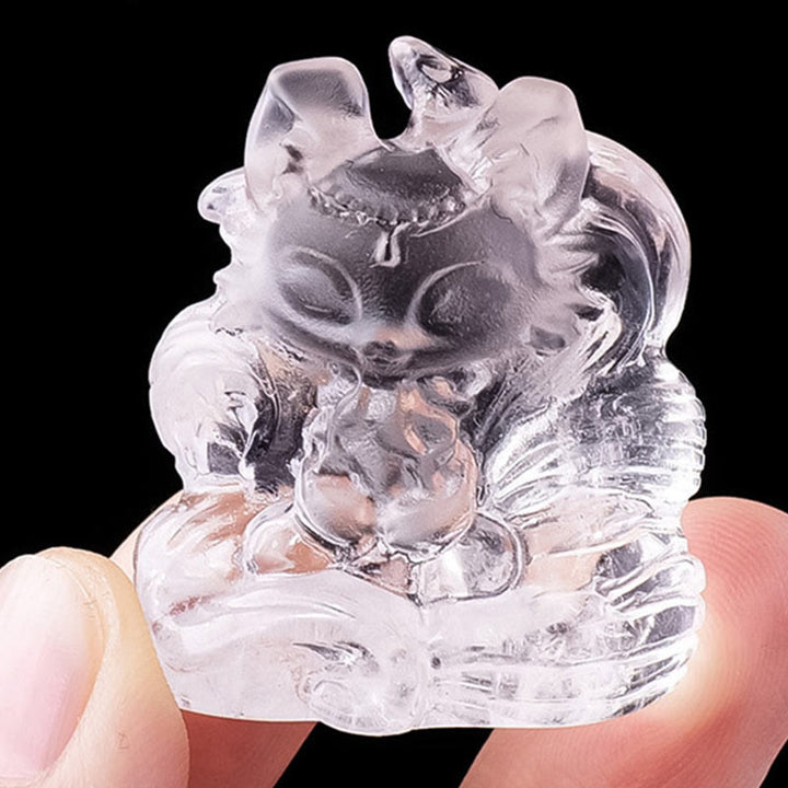 Buddha Stones Natural White Crystal Mini Small Nine Tailed Fox Carved Healing Home Decoration - White Crystal 3*3.8cm - image 0
